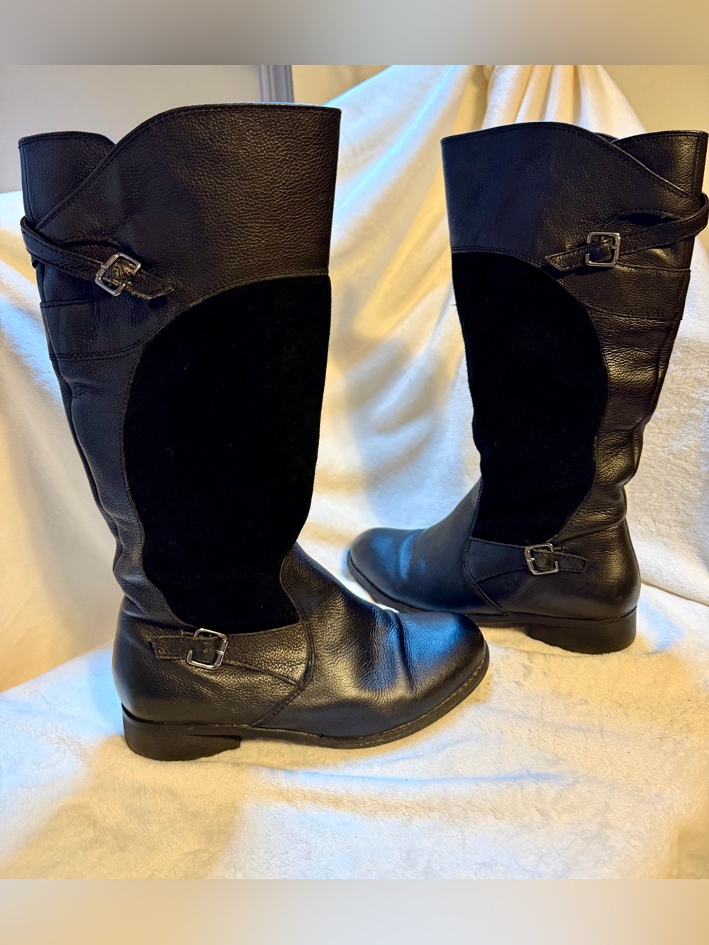 Eddie Bauer Black Leather and Suede Knee-High Buckle Boots